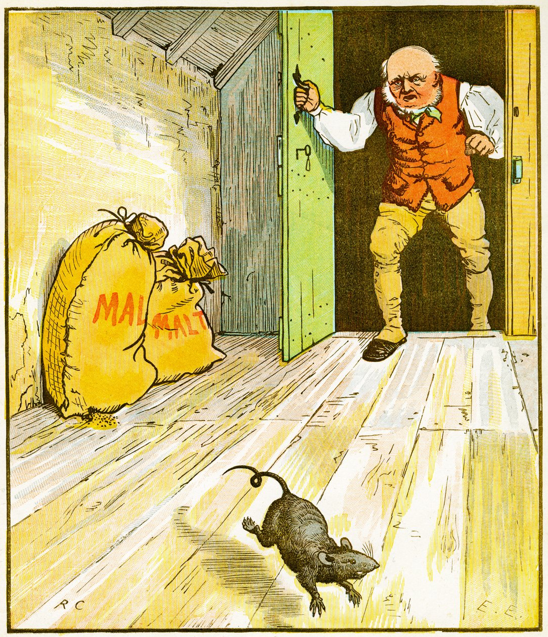 Ez az a patkány, amelyik megette a malátát, amelyik a házban feküdt, amit Jack épített, illusztráció a The House that Jack Built című könyvhöz, 1887. alkotó: Randolph Caldecott