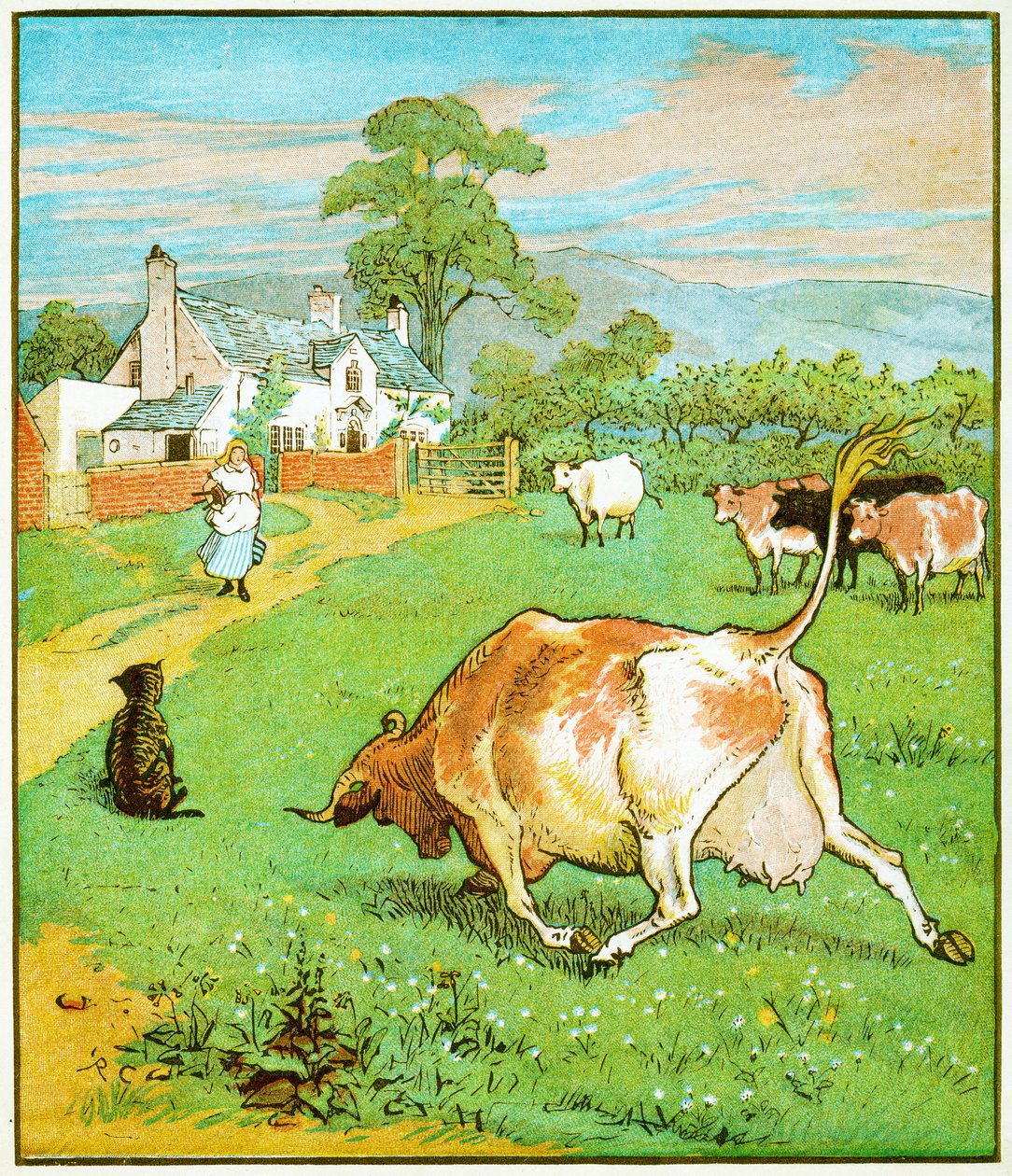 Ez a tehén a gyűrött szarvú tehén, amely a kutyát dobálta, illusztráció a The House that Jack Built, 1878-hoz. alkotó: Randolph Caldecott