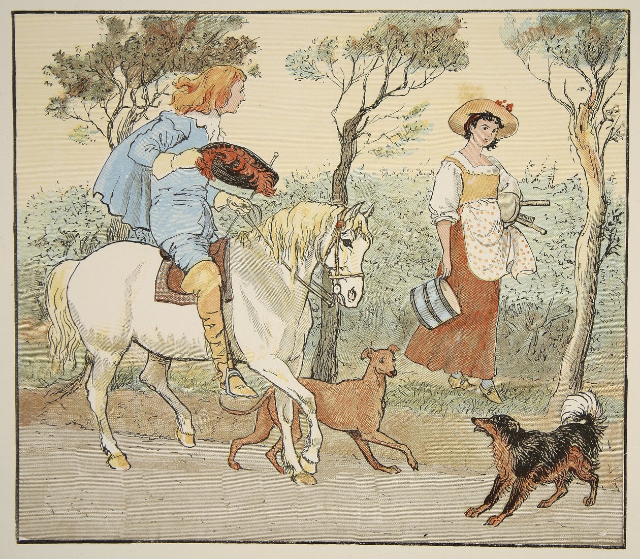 Hová mész, szép szobalányom, illusztráció A tejeslányból, kocsmából. írta: Frederick Warne und Co. alkotó: Randolph Caldecott