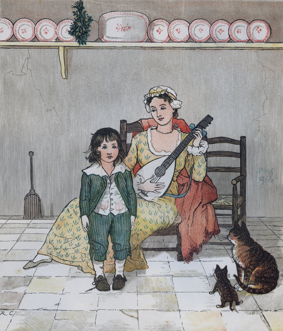 Oliver Goldsmith elégia egy veszett kutya haláláról. Bill Primrose mester a történet eléneklésére készül. Illusztráció: Randolph Caldecott alkotó: Randolph Caldecott