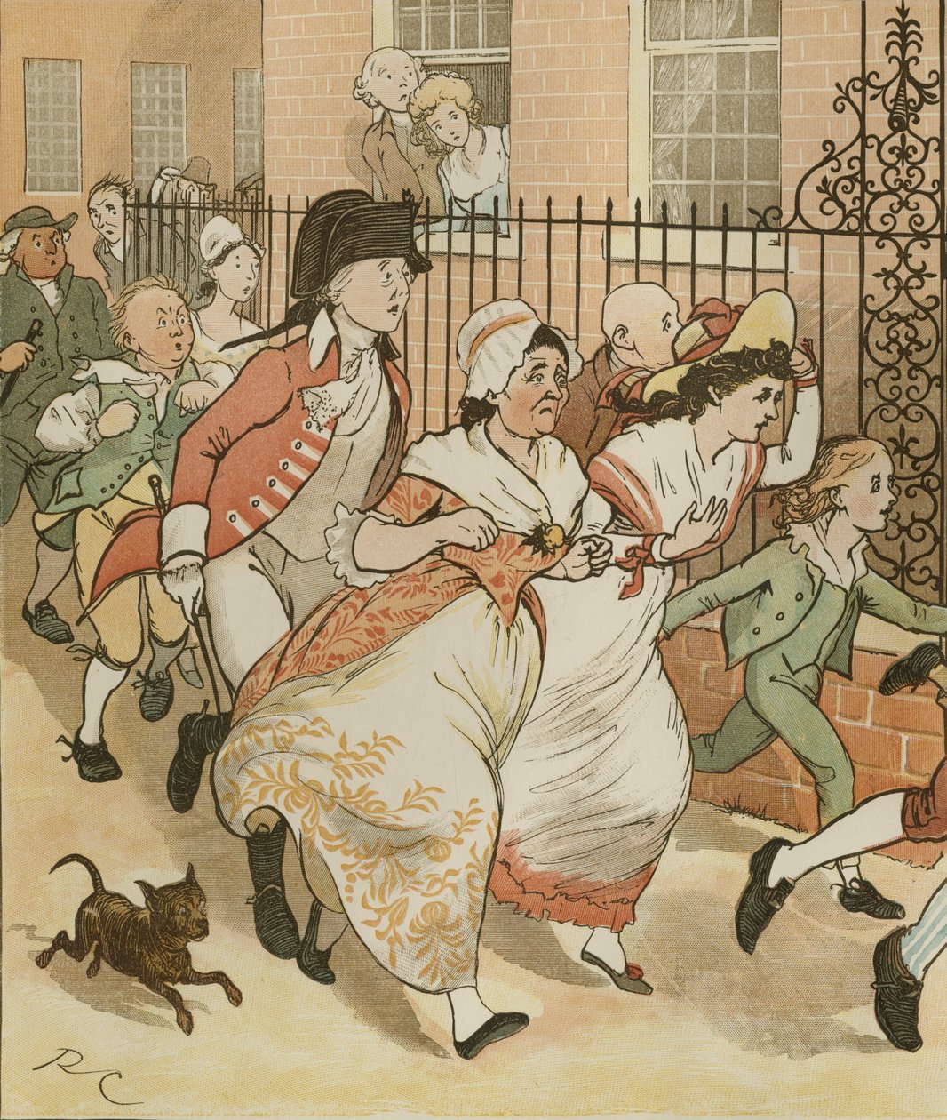 Oliver Goldsmith elégia egy veszett kutya haláláról. Szomszédok rohannak segíteni Islington jó emberének. Illusztráció: Randolph Caldecott alkotó: Randolph Caldecott