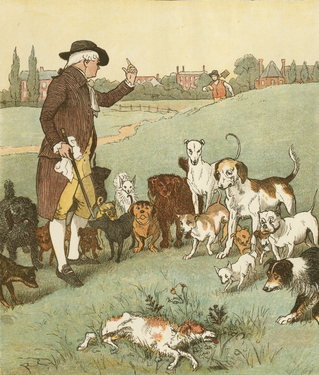 Oliver Goldsmith elégia egy veszett kutya haláláról. A kutya elpusztult. Illusztráció: Randolph Caldecott. alkotó: Randolph Caldecott