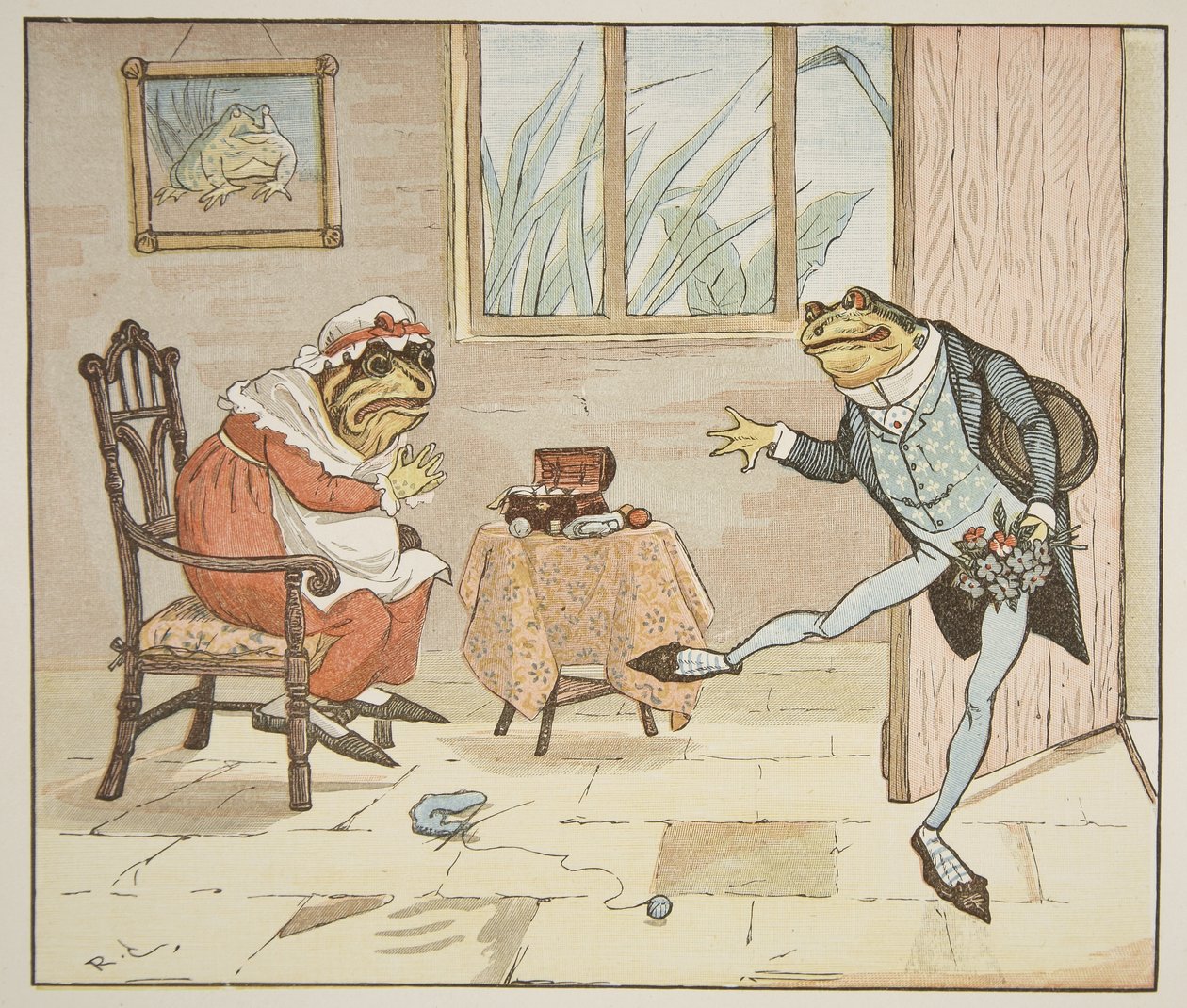 Illusztráció az „A Frog He Will A-Wooing Go” című kocsmából. írta: Frederick Warne und Co. alkotó: Randolph Caldecott