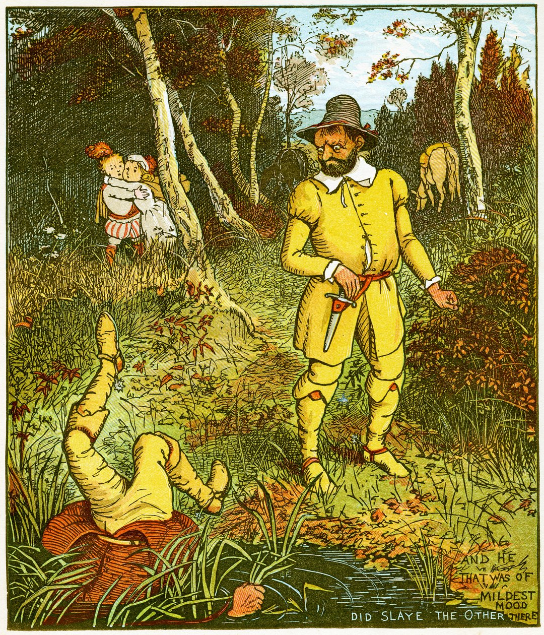 "És aki a legszelídebb hangulatú volt, az ott ölte meg a másikat" - illusztráció a Csajok a fában alkotó: Randolph Caldecott