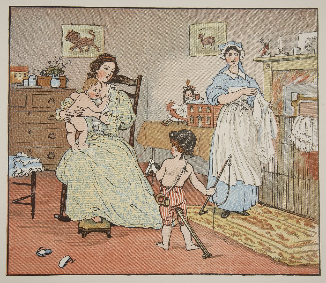 Viszlát, Baby Bunting, illusztráció a "Hey Diddle Diddle and Bye, Baby Bunting" című filmből, 1882 alkotó: Randolph Caldecott