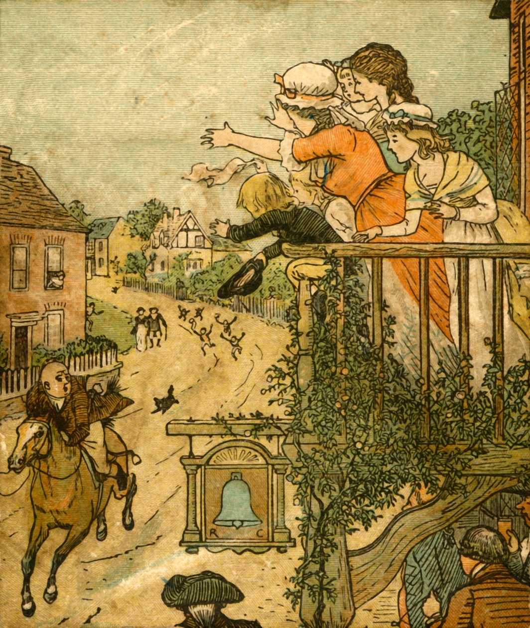 John Gilpin vágtat a Bell Inn mellett, miközben felesége és gyermekei integetnek az erkélyről, 1878, 1918. alkotó: Randolph Caldecott