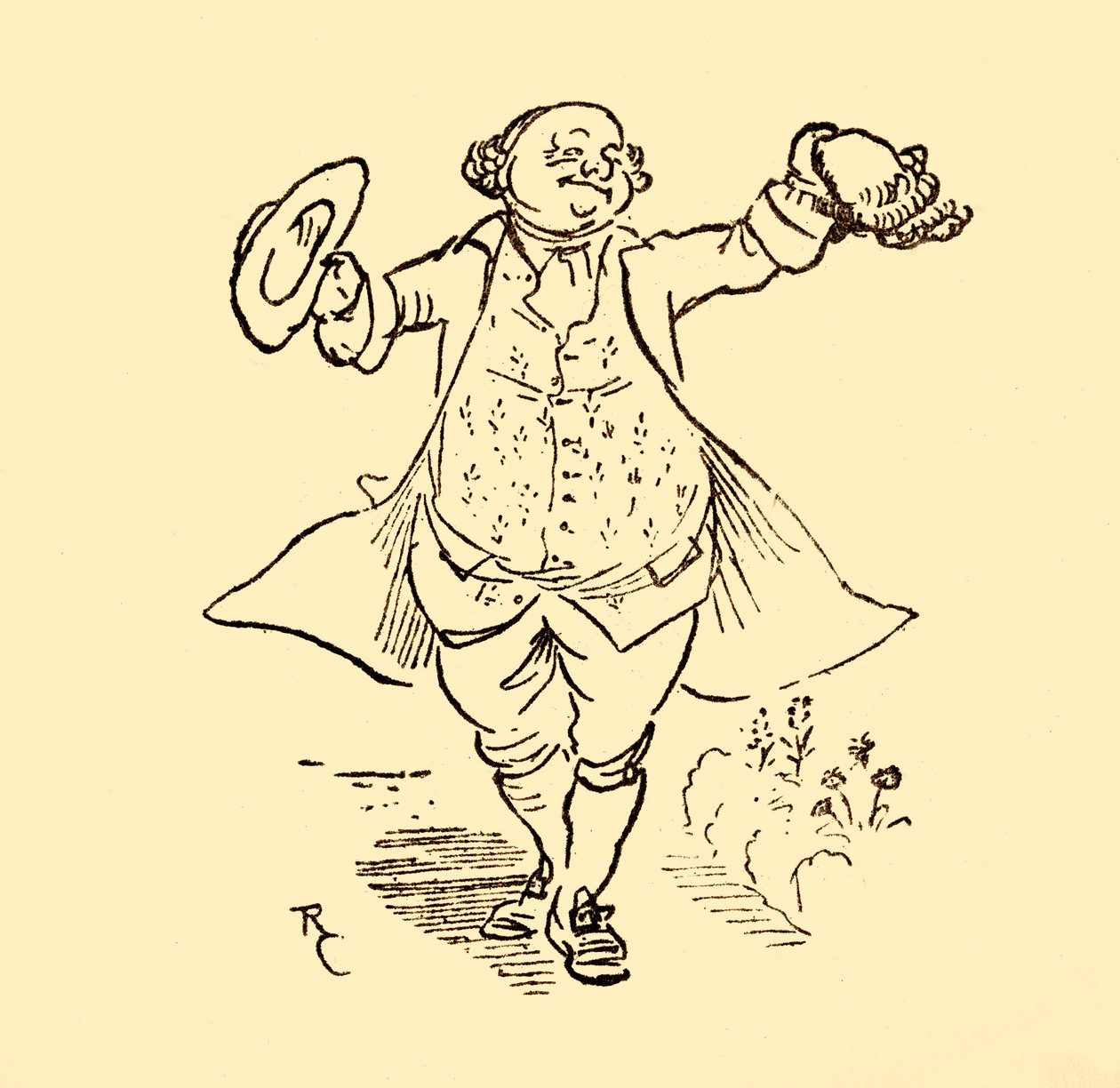 John Gilpins barátja kölcsön ad neki egy parókát és egy kalapot, 1878, c1918. alkotó: Randolph Caldecott