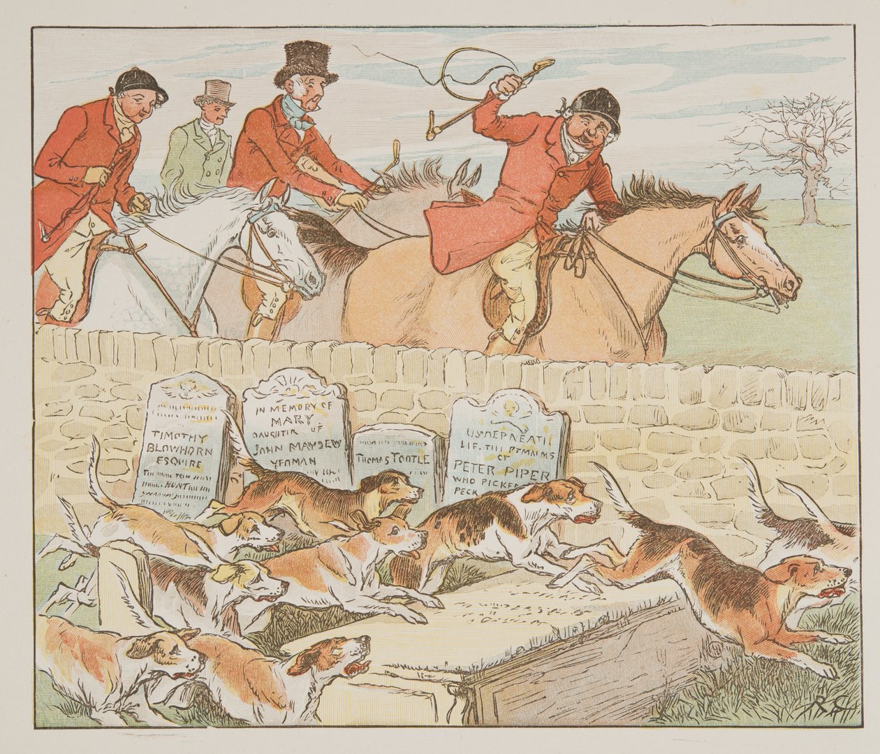 Most a plébánosnak volt egy párja szerdára, amikor a kopók látókörébe kerültek…, The Hey Diddle Diddle Picture Book-ból, 1882-es publikáció (színes metszet) alkotó: Randolph Caldecott