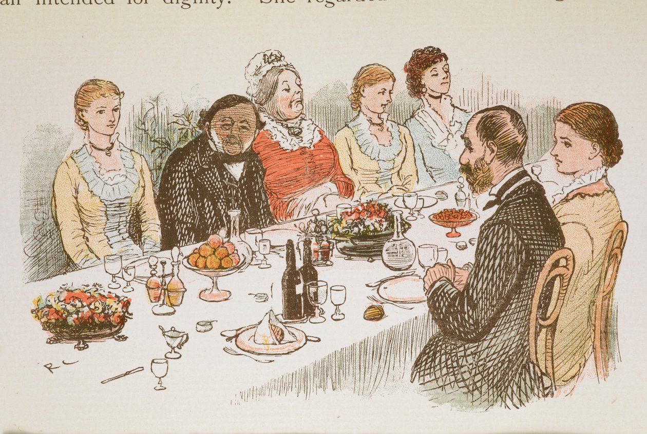 Emberek ülnek egy étkezőasztalnál. alkotó: Randolph Caldecott