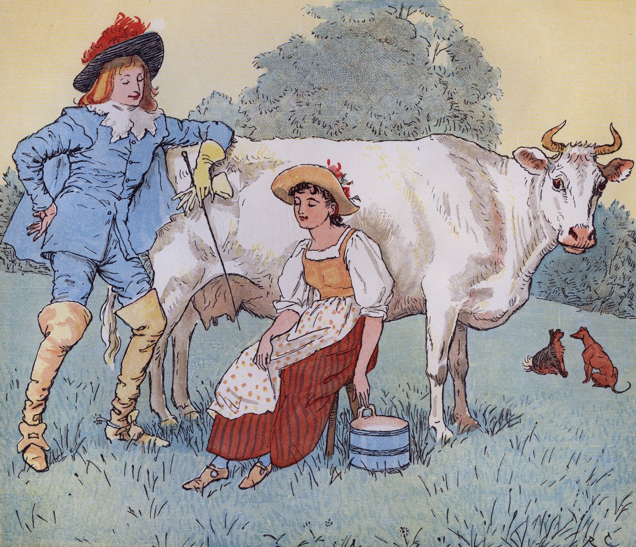 Hozzád menjek feleségül, szép szobalányom? Illusztráció: Randolph Caldecott a Nursery Rhyme "The Milkmaid" című dalához. alkotó: Randolph Caldecott