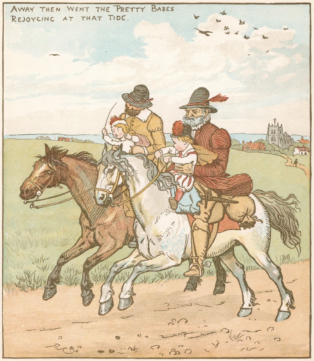 A csajok (vagy gyerekek) az erdőben. Az árva csajokat elvitték, hogy meggyilkolják őket a gonosz nagybácsi által bérelt gazemberek. Illusztráció: Randolph Caldecott (1846-86) a c1600 balladájához. alkotó: Randolph Caldecott