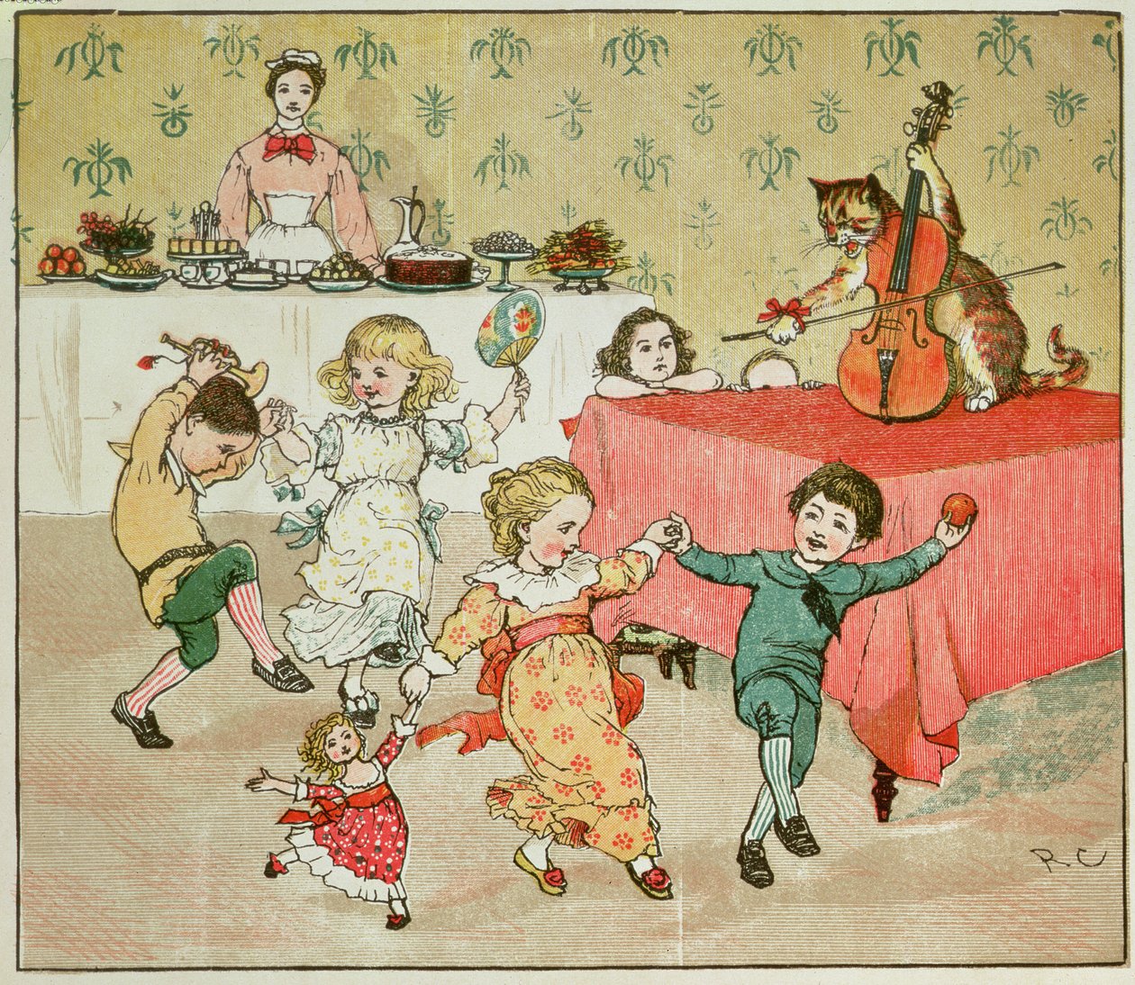 A macska és a hegedű és a gyerekzsúr illusztrációja a Hey Diddle Diddle Diddle című filmből alkotó: Randolph Caldecott