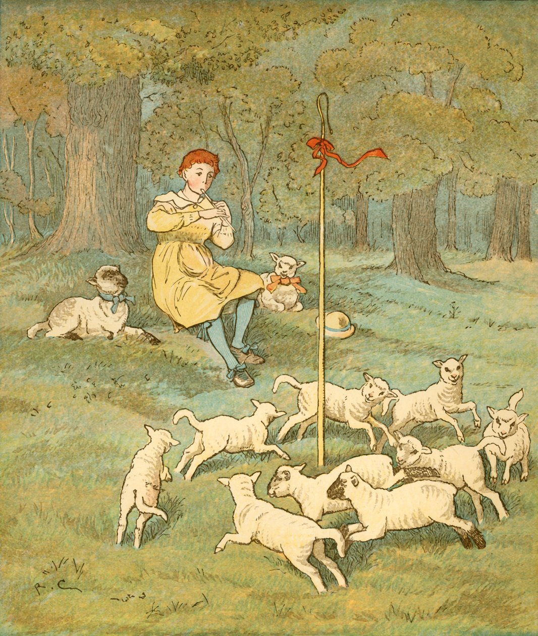 A Farmers Boy a pipáján játszik, miközben a bárányok táncolnak a pásztorok csalója körül, 1881. alkotó: Randolph Caldecott