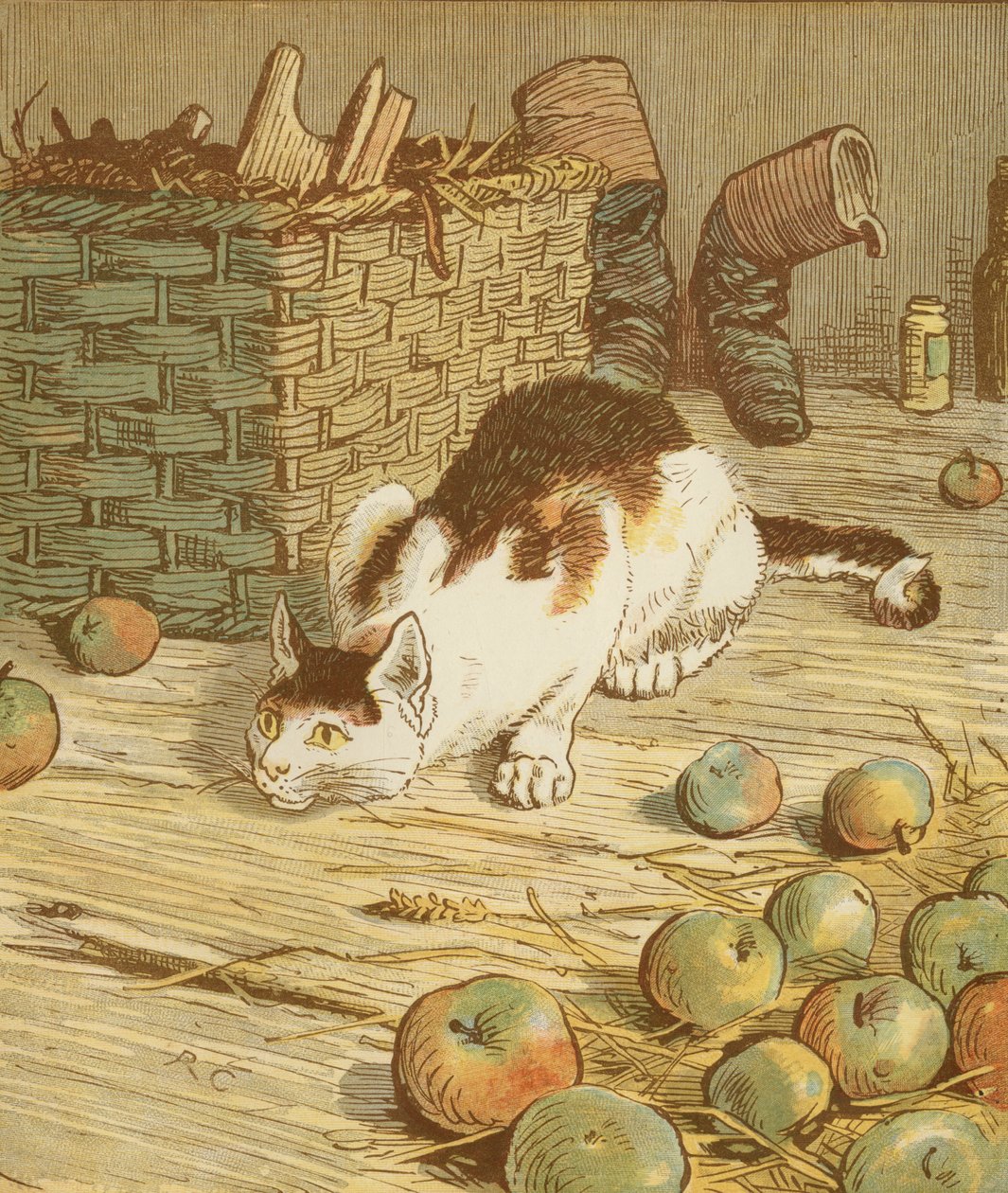 A ház, amelyet Jack épített" halmozó mondóka. A macska, amely megette a patkányt, amely megette a malátát. Illusztráció: Randolph Caldecott. alkotó: Randolph Caldecott
