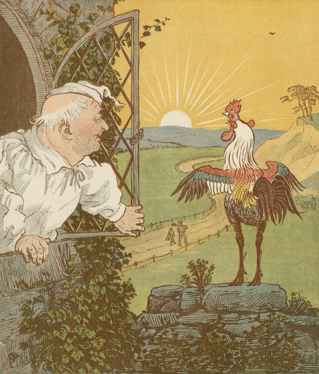 A ház, amelyet Jack épített" halmozó mondóka. Ez a kakas, amely reggel kukorékolt ... Illusztráció: Randolph Caldecott. alkotó: Randolph Caldecott