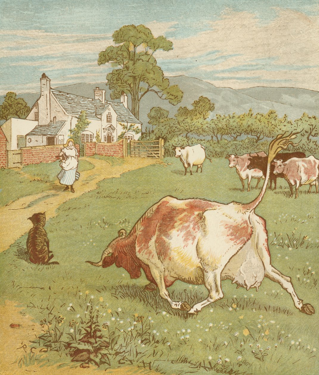 A ház, amelyet Jack épített" halmozó mondóka. Ez a gyűrött szarvú tehén, amely megdobta a kutyát... Illusztráció: Randolph Caldecott. alkotó: Randolph Caldecott