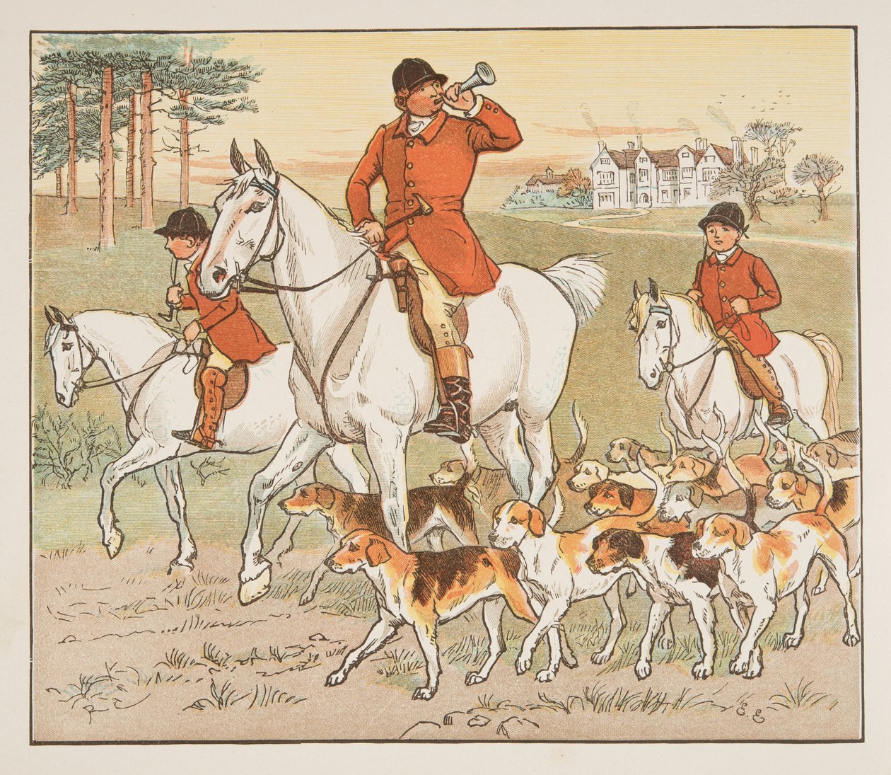 The Huntsman Blows his Horn, The Hey Diddle Diddle Picture Book, pub.1882 (színes metszet) alkotó: Randolph Caldecott