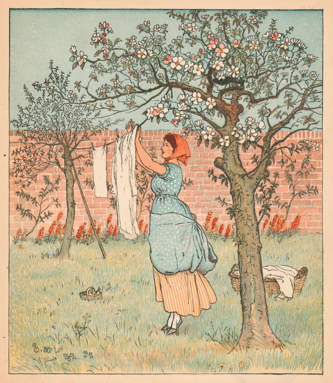 A szobalány a kertben volt, ruhákat lógatott, 1880. alkotó: Randolph Caldecott