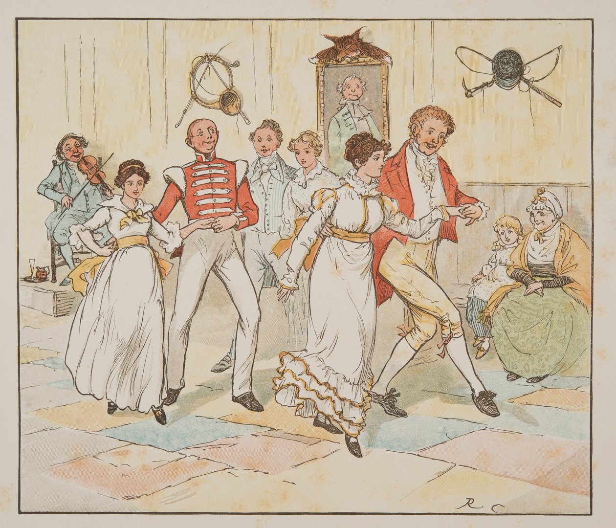 A katona és menyasszonya, a Hey Diddle Diddle képeskönyvből, 1882-es publikáció (színes metszet) alkotó: Randolph Caldecott