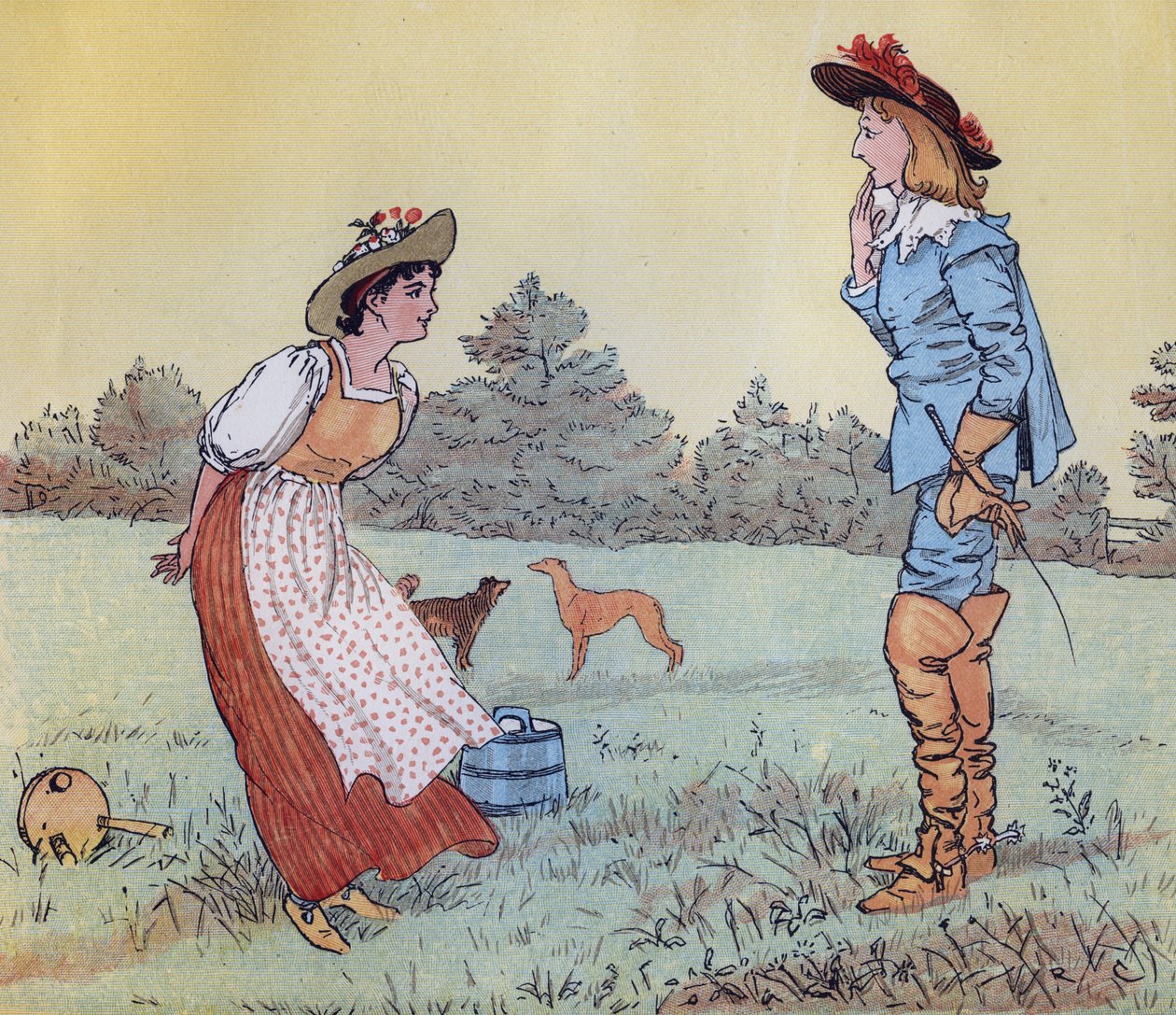 Akkor nem vehetlek feleségül, szép szobalányom! Illusztráció: Randolph Caldecott a Nursery Rhyme "The Milkmaid" című dalához. alkotó: Randolph Caldecott