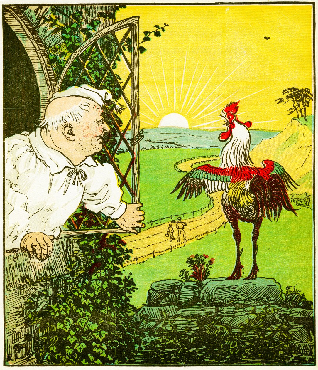 "Ez az a kakas, amely reggel kukorékolt, és felébresztette a bírót borotváltan és megnyírva" - illusztráció a Jack által épített házból alkotó: Randolph Caldecott
