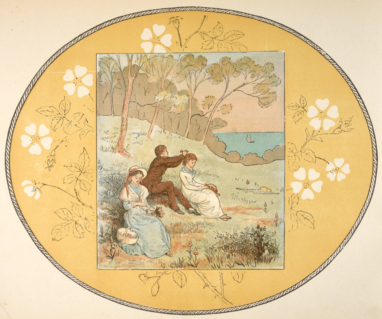 Két nő és egy férfi ül egy tisztáson a part közelében. Virágos szegély. alkotó: Randolph Caldecott