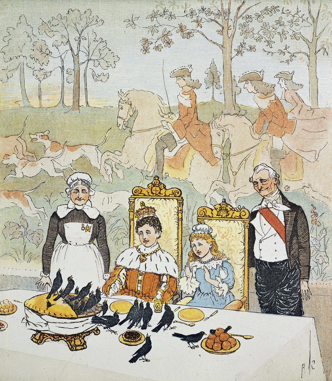 Egy király és egy királyné asztalnál ülve, szolgákkal körülvéve, mögöttük vadászjelenet. 14. tábla Randolph Caldecott (1846-1886) ""The Picture Book"-ból. 1879. The British Library Institution Hivatkozás: Shelfmark ID: 12805.s.17 A King and Q alkotó: Randolph Caldecott