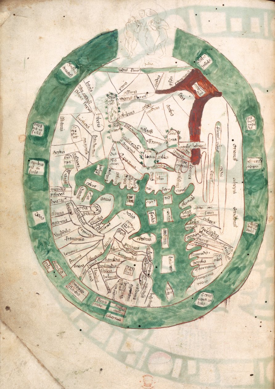 Világtérkép, f.2v a Polychronicontól, 1400 körül (vellum) alkotó: Ranulf Higden