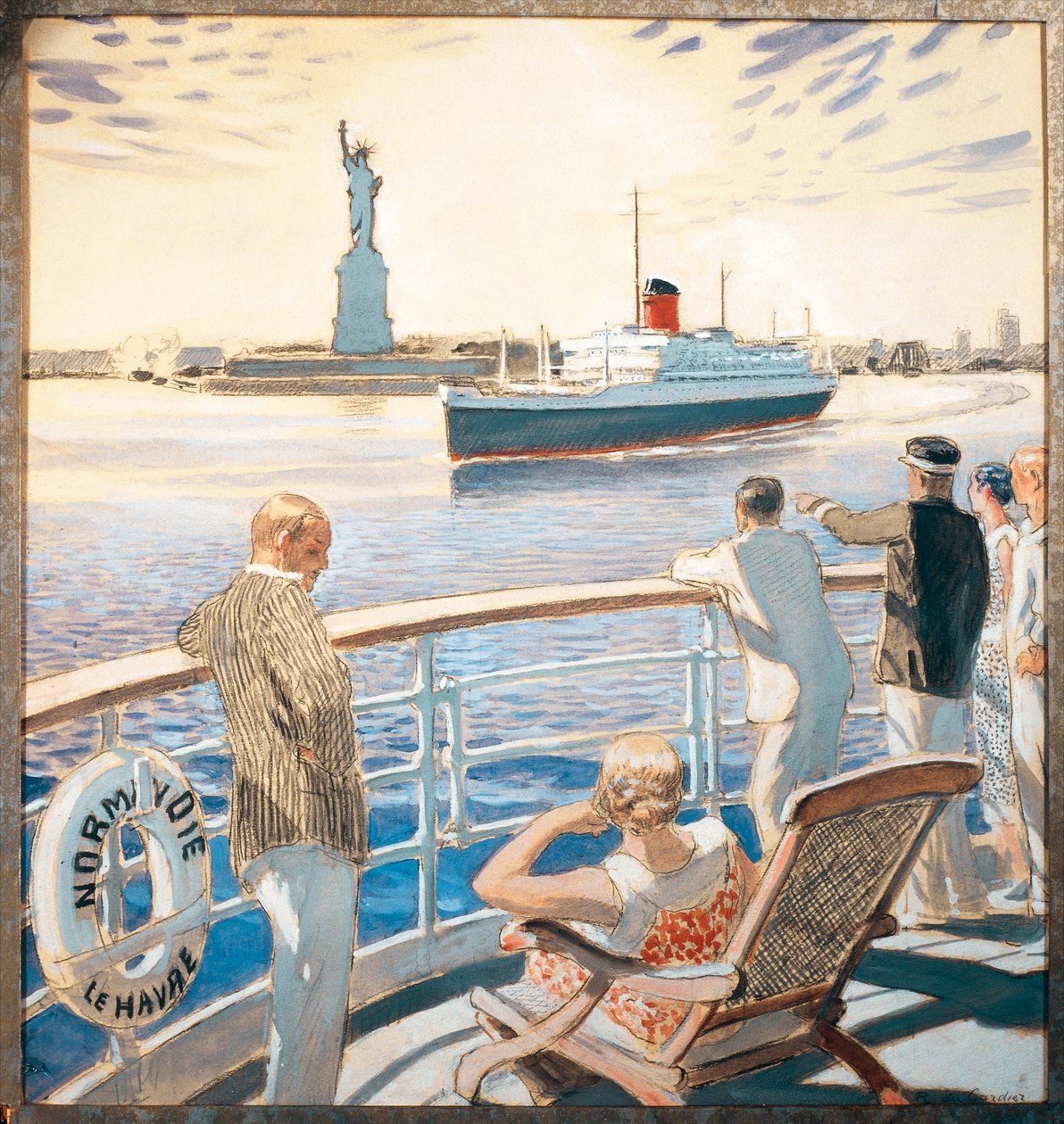 Franciaország, Amboise, Normandie gőzhajó leánykori útja, New York-i kikötő bejárata, akvarell alkotó: Raoul Du Gardier