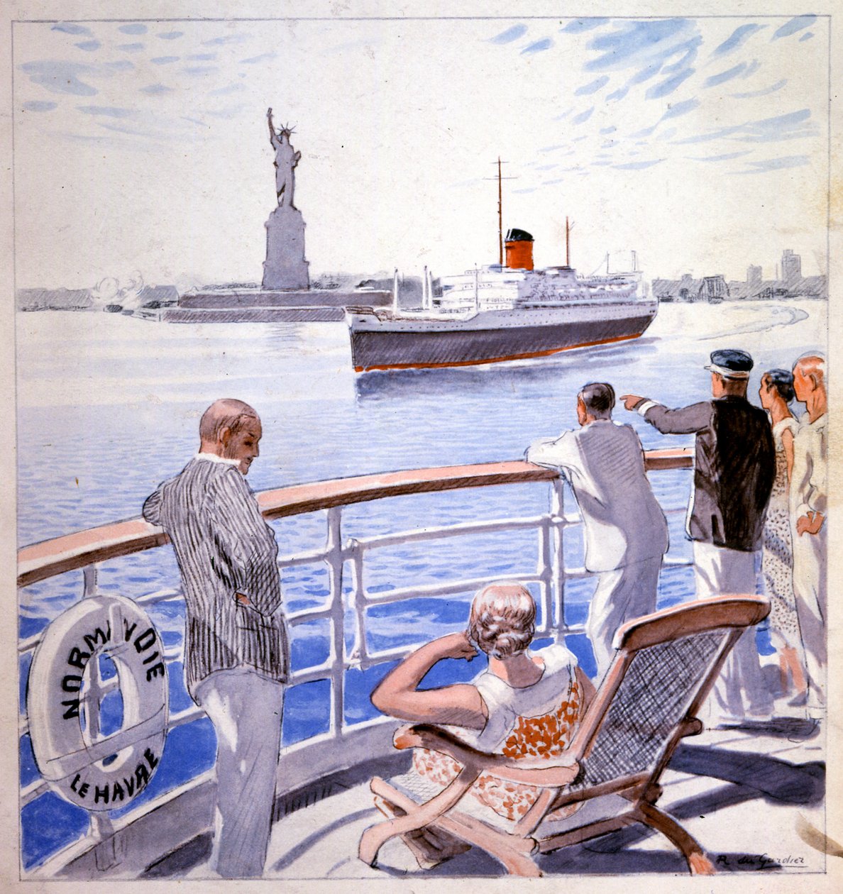 Szállítás. Tengeri. A transzatlanti Le Normandie érkezése New York kikötőjébe. Illusztráció: Raoul du Gardier alkotó: Raoul Du Gardier