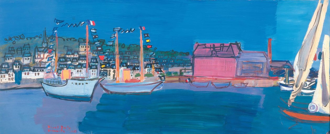 Csónakok tenger kis zászlók házak kis kikötő dokk vitorlák alkotó: Raoul Dufy