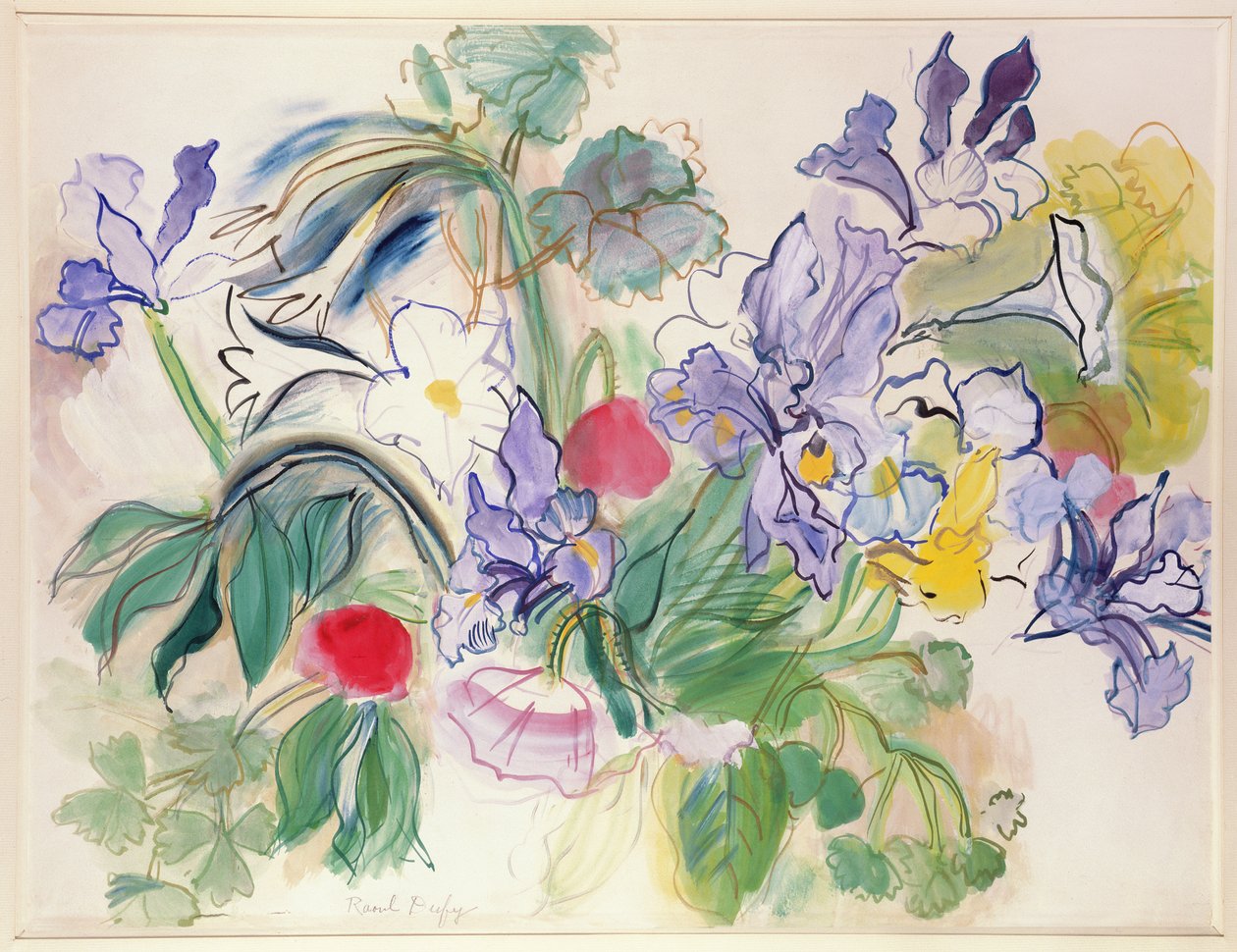 Csokor íriszből és vörös pipacsból, 1948 körül (akvarell, papír) alkotó: Raoul Dufy