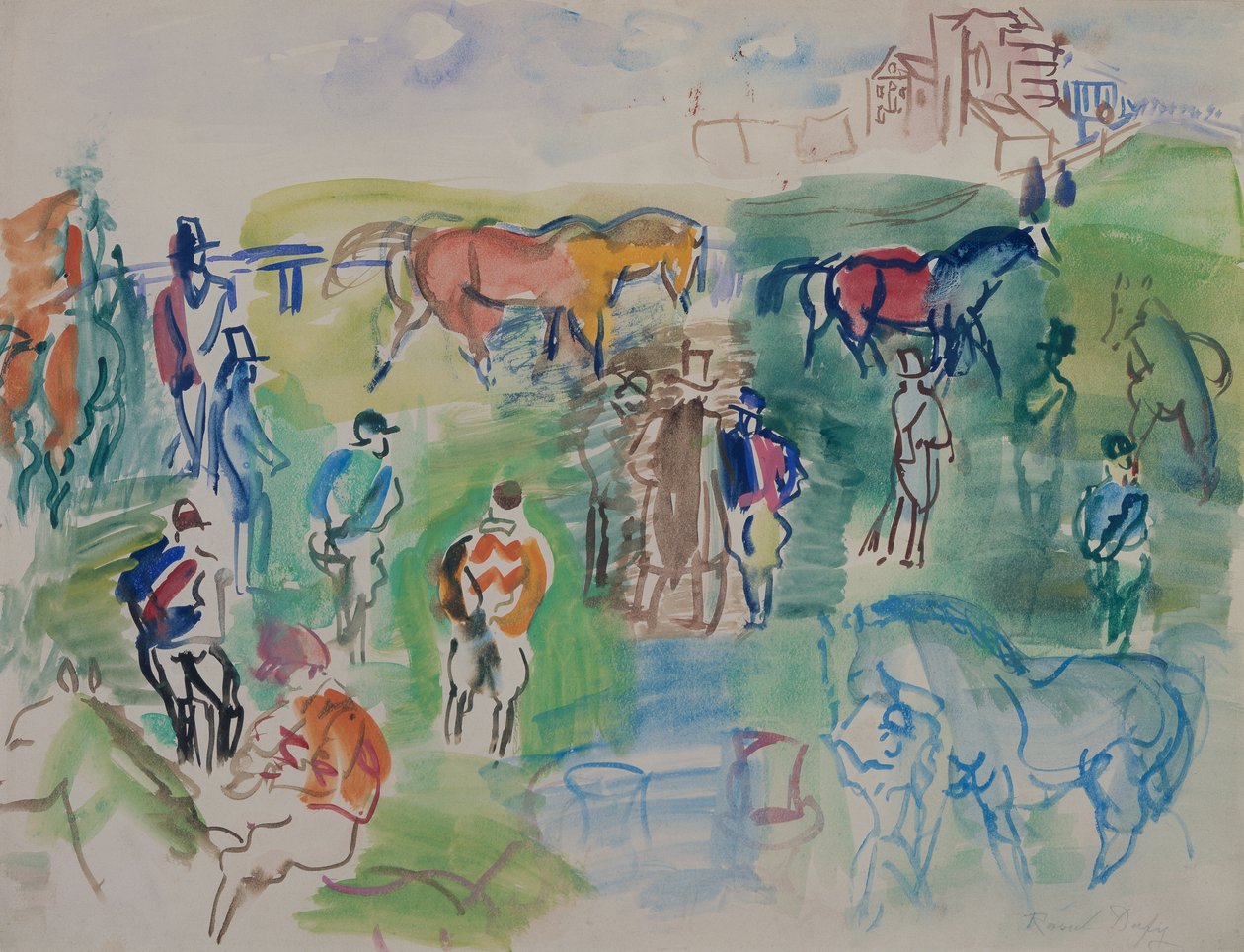 Lovak és zsokék Epsomban (gouache, papír) alkotó: Raoul Dufy