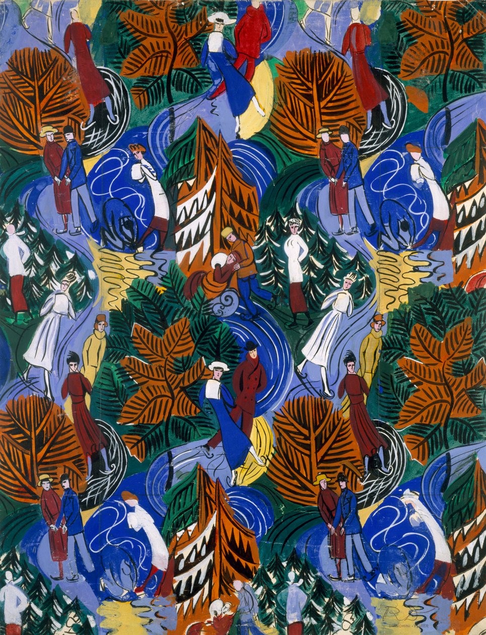 Korcsolyázók, terv nyomtatott selyemre, 1914-20 körül (színes litográfia) alkotó: Raoul Dufy