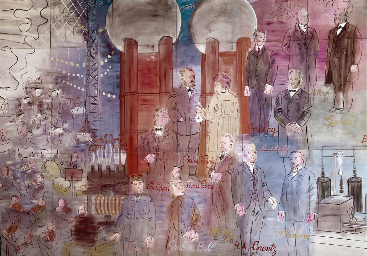La Fee Electricite, részlet: Hittorf, Heinrich Geissler, Henry Moseley, Pierre Curie, Marie Curie, Dmitrij Mendelee, Thomas Edison és Graham Bell portréi. 1937 (festmény) alkotó: Raoul Dufy