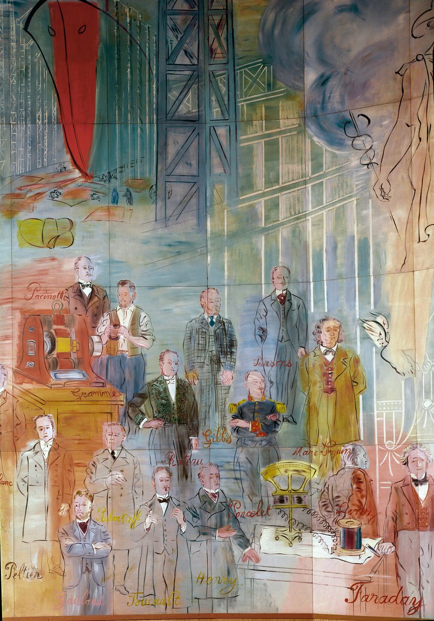 La Fee Electricite, részlet: Tudósok és értelmiségiek portréi: Pacinotti, Zenobe Gram, Josiah Willard Gibbs, Charles Algernon Parsons, Marc Seguin, Auguste Camille Rateau, Jean Victor Celet és Michael Faraday. 1937 (festmény) alkotó: Raoul Dufy
