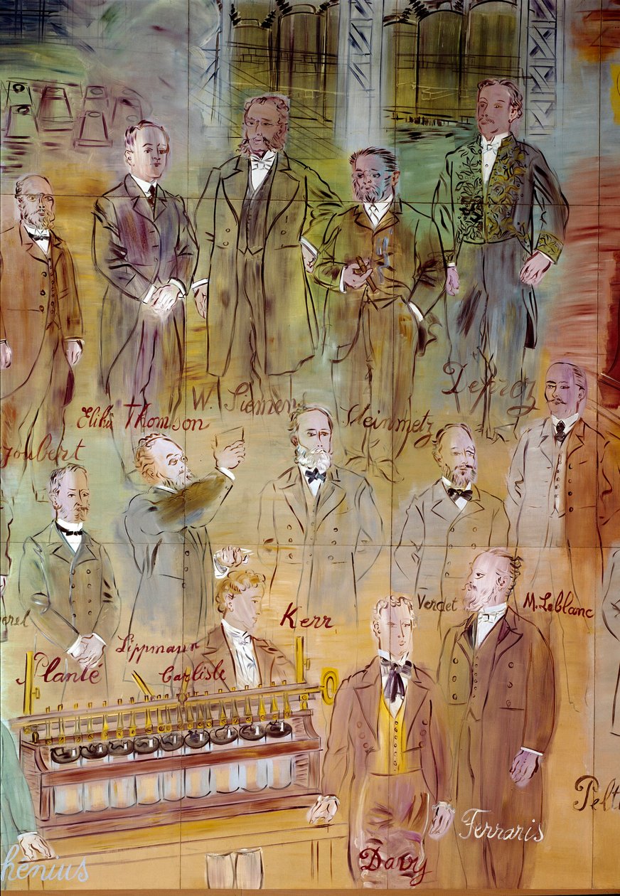 La Fee Electricite, részlet: Tudósok és értelmiségiek portréi: Jules Francois Joubert, Elihu Thomson, Ernst Werner Siemens, Charles Proteus Steinmetz, Marcel Deprez, Gaston Plante, Gabriel Lippmann, John Kerr, Maurice Leblanc, Humphrey Da alkotó: Raoul Dufy