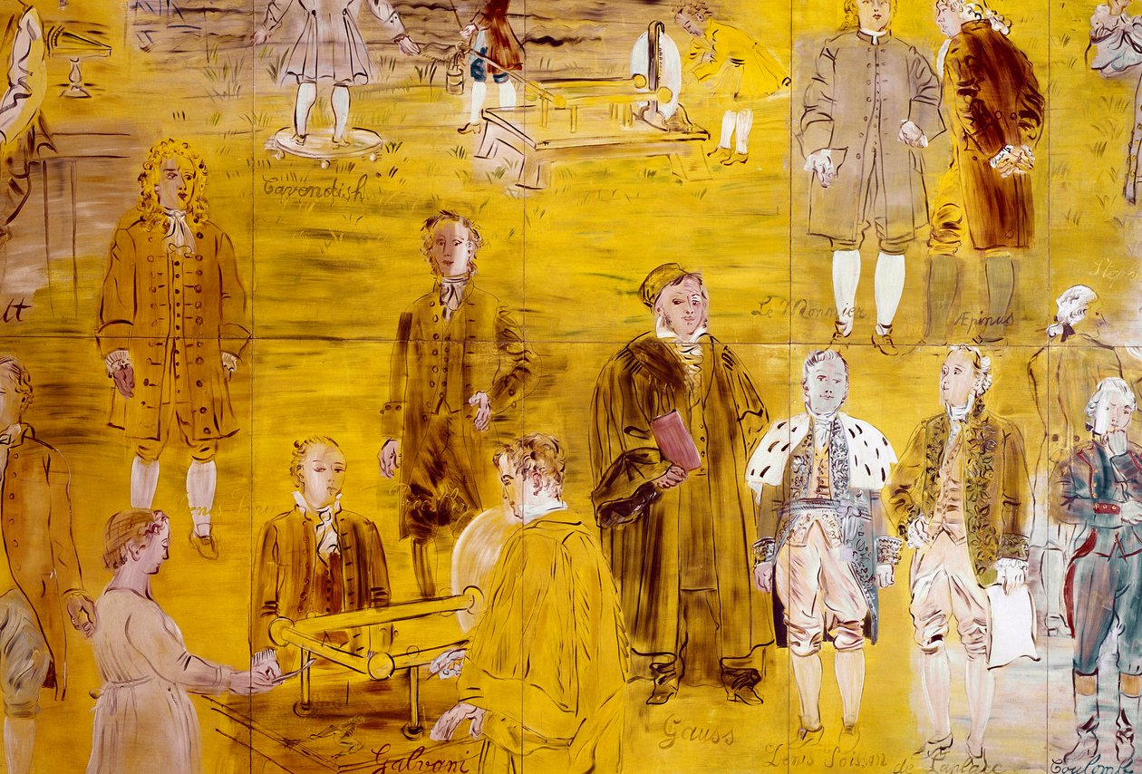 La Fee Electricite, részlet: Tudósok portréi: Charles de Coulomb, Pierre Simon de Laplace, Pierre Simon de Laplace és Charles de Coulomb: Henry Cavendish, Le Monnier, Franz Aepinus, Denis Papin, Joseph Priestley, Luigi Galvani, Carl Friedrich Gauss, Simeon alkotó: Raoul Dufy