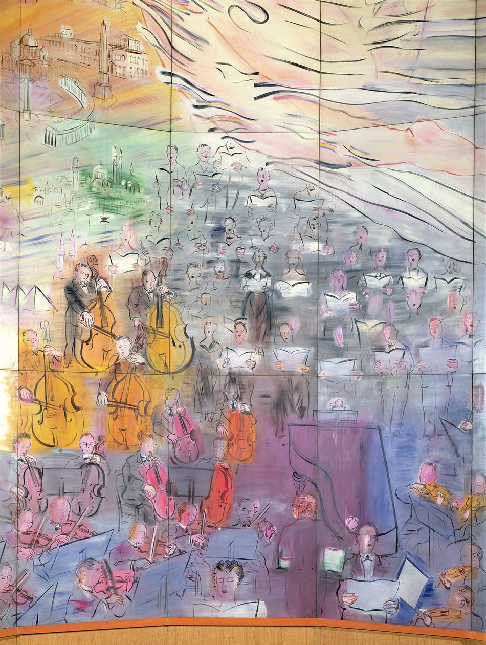 La Fee Electricite, a bal oldal részlete, amely egy zenekart ábrázol alkotó: Raoul Dufy