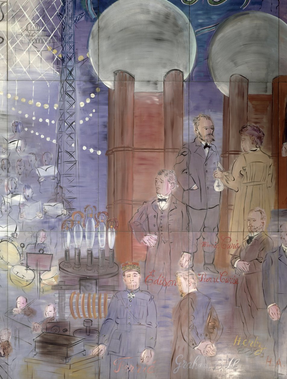 La Fee Electricite, a bal oldal részlete, tudósokat ábrázolva alkotó: Raoul Dufy