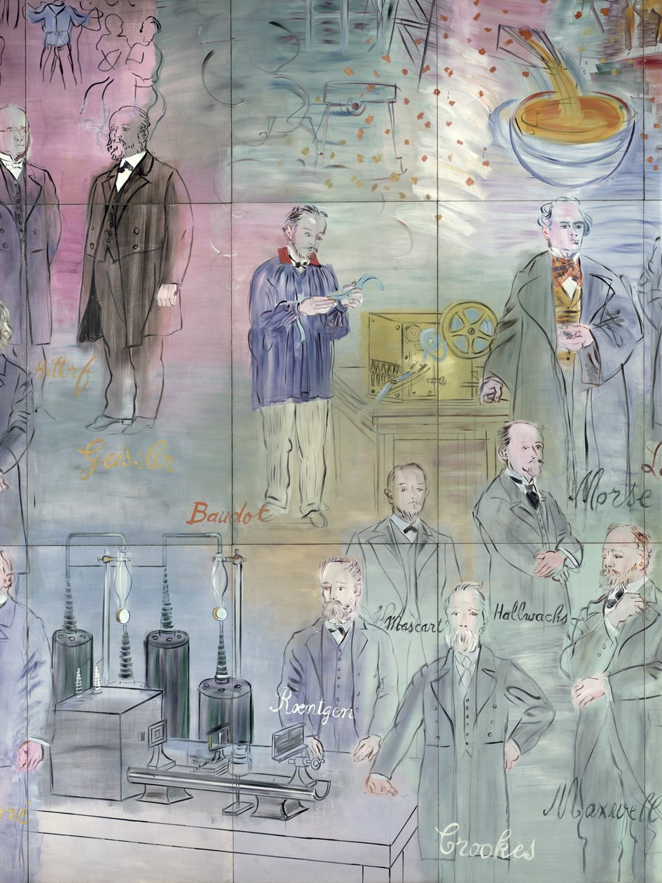 La Fee Electricite, a bal oldal részlete, tudósokat ábrázolva alkotó: Raoul Dufy