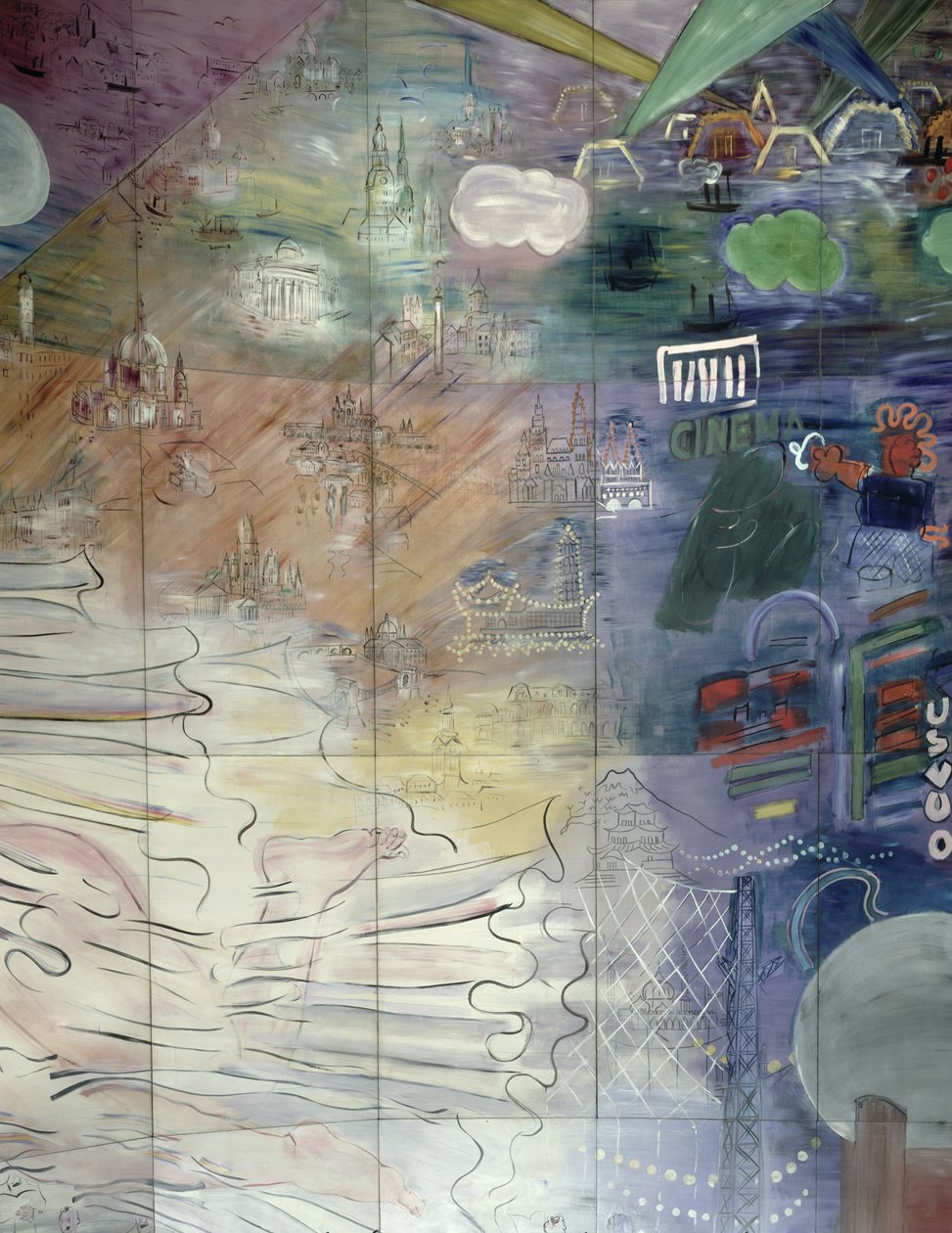 La Fee Electricite, a bal oldali részlete, amely különböző városokat ábrázol. alkotó: Raoul Dufy