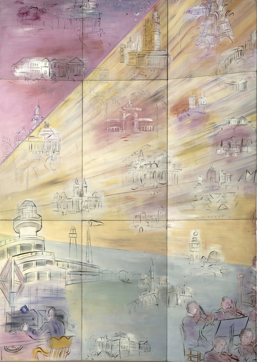 La Fee Electricite, a bal oldali részlete, amely különböző városokat ábrázol. alkotó: Raoul Dufy