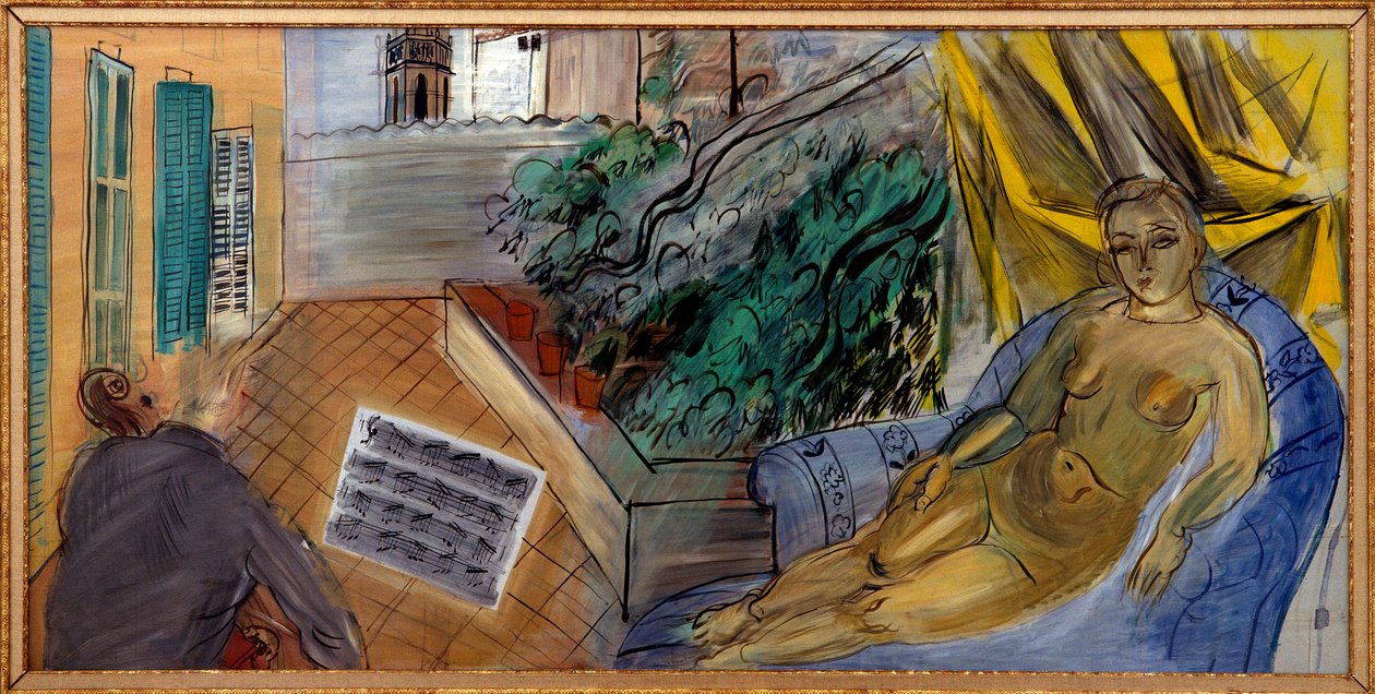 Meztelenül a teraszra. Férfi csellón játszik egy kotta előtt, és mellette egy meztelen nő hallgatja őt alkotó: Raoul Dufy