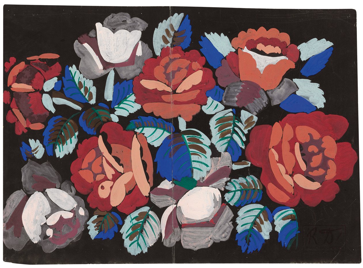 Piros és rózsaszín rózsák (gouache fekete alapozott papírra) alkotó: Raoul Dufy