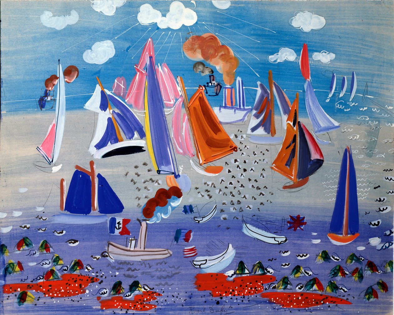 Tenger és hajók - Gouache, papír, 1930 körüli évek alkotó: Raoul Dufy