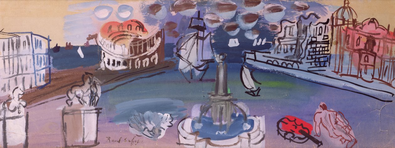 A szökőkút a téren (gouache) alkotó: Raoul Dufy