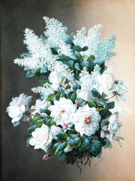 Orgonák és rózsák, 1900 körül (gouache papíron) alkotó: Raoul M. de Longpre