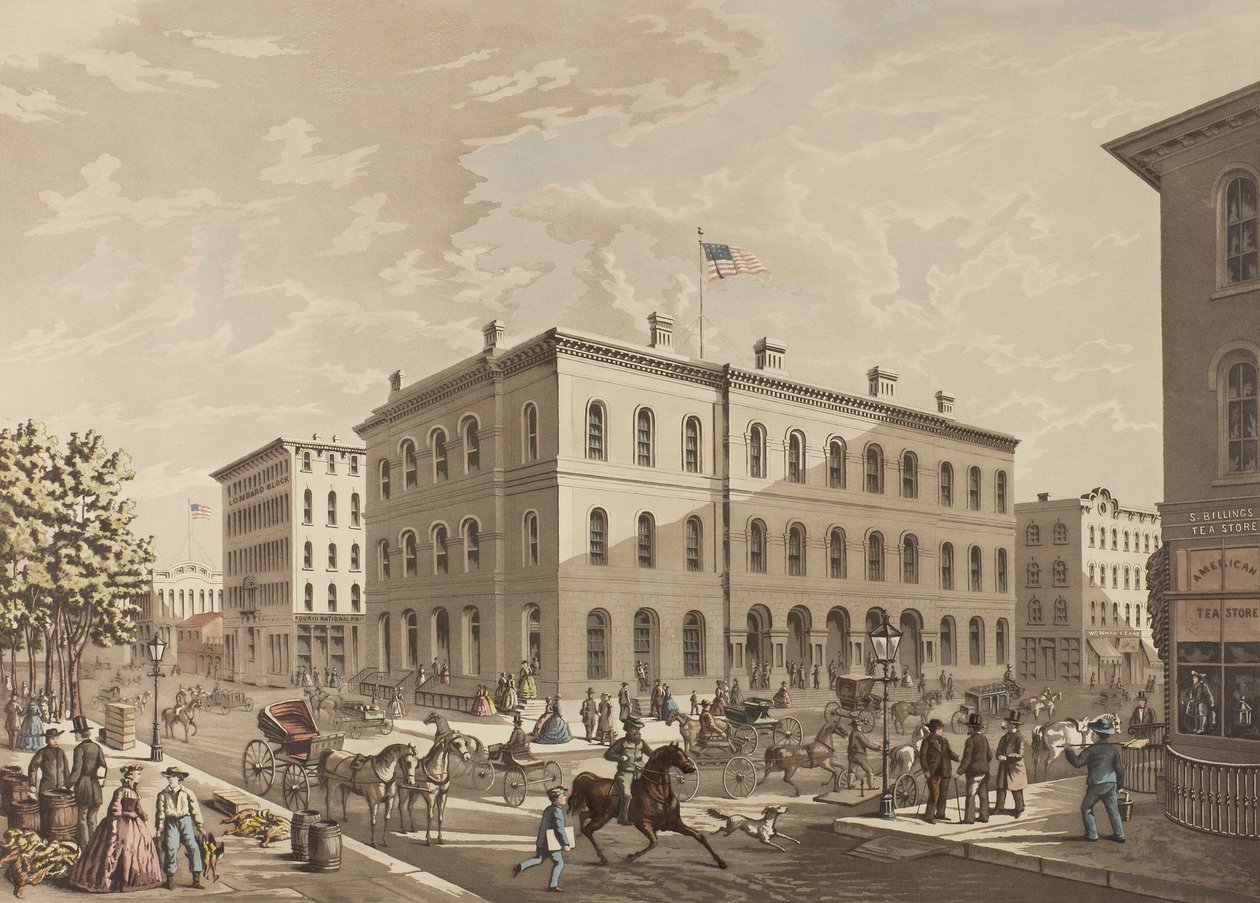 N.W. A chicagói Dearborn és Monroe utca sarka, az 1865-ös postaépület bemutatásával alkotó: Raoul Varin