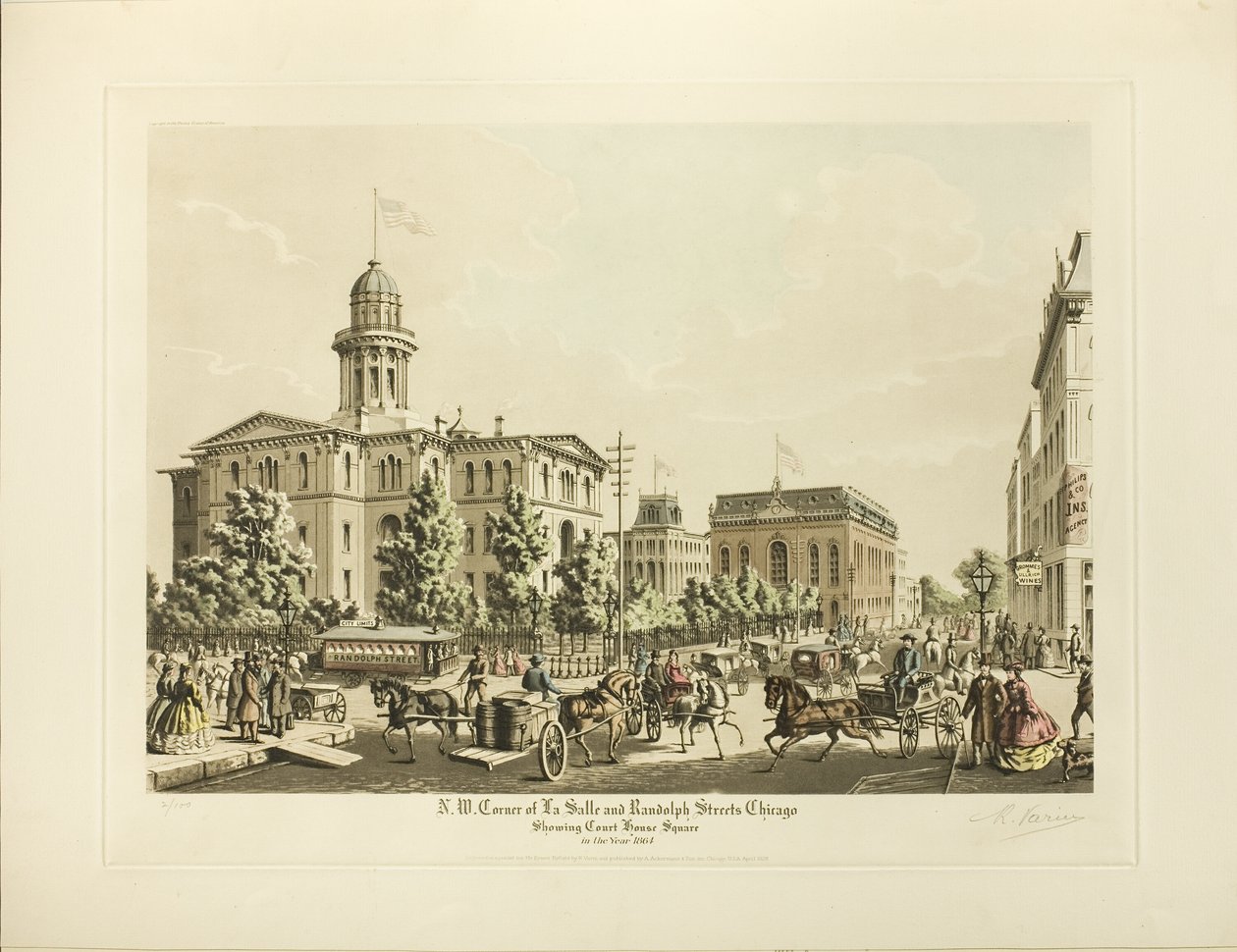 N. W. Corner of LaSalle and Randolph, Chicago, a Court House Square látható 1864-ben alkotó: Raoul Varin